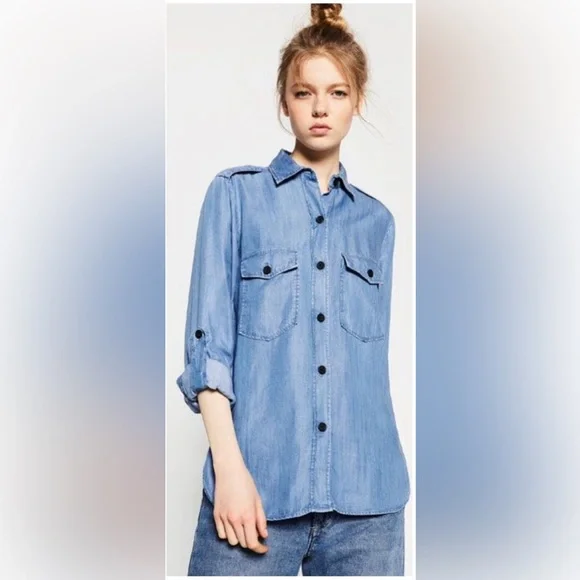 Zara EUC Chambray Denim Shirt Roll Up 3/4 Sleeves Patch Pockets Size XS Blue - Picture 7 of 7